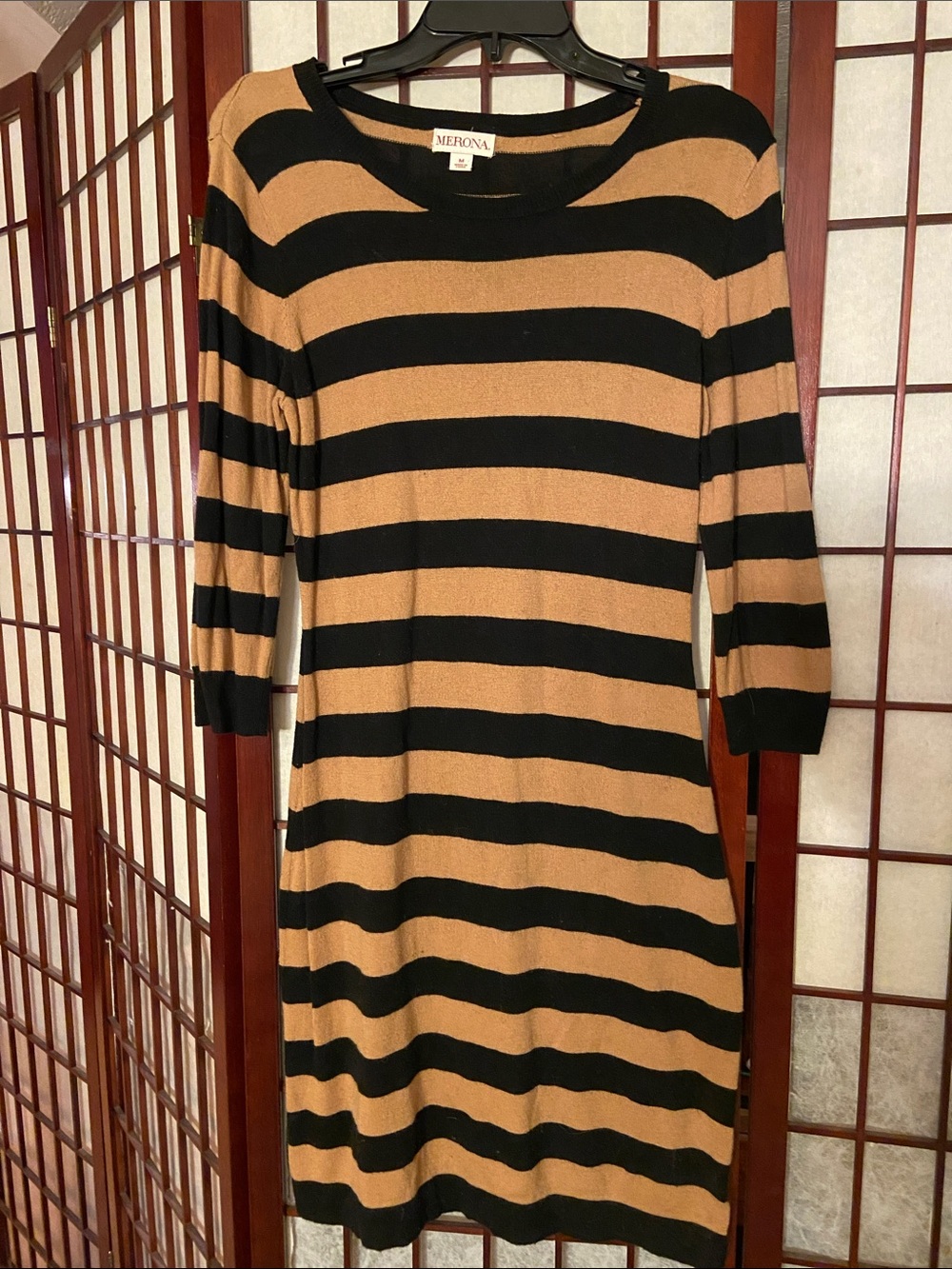 Merona Black and Tan Striped Midi Knit Dress